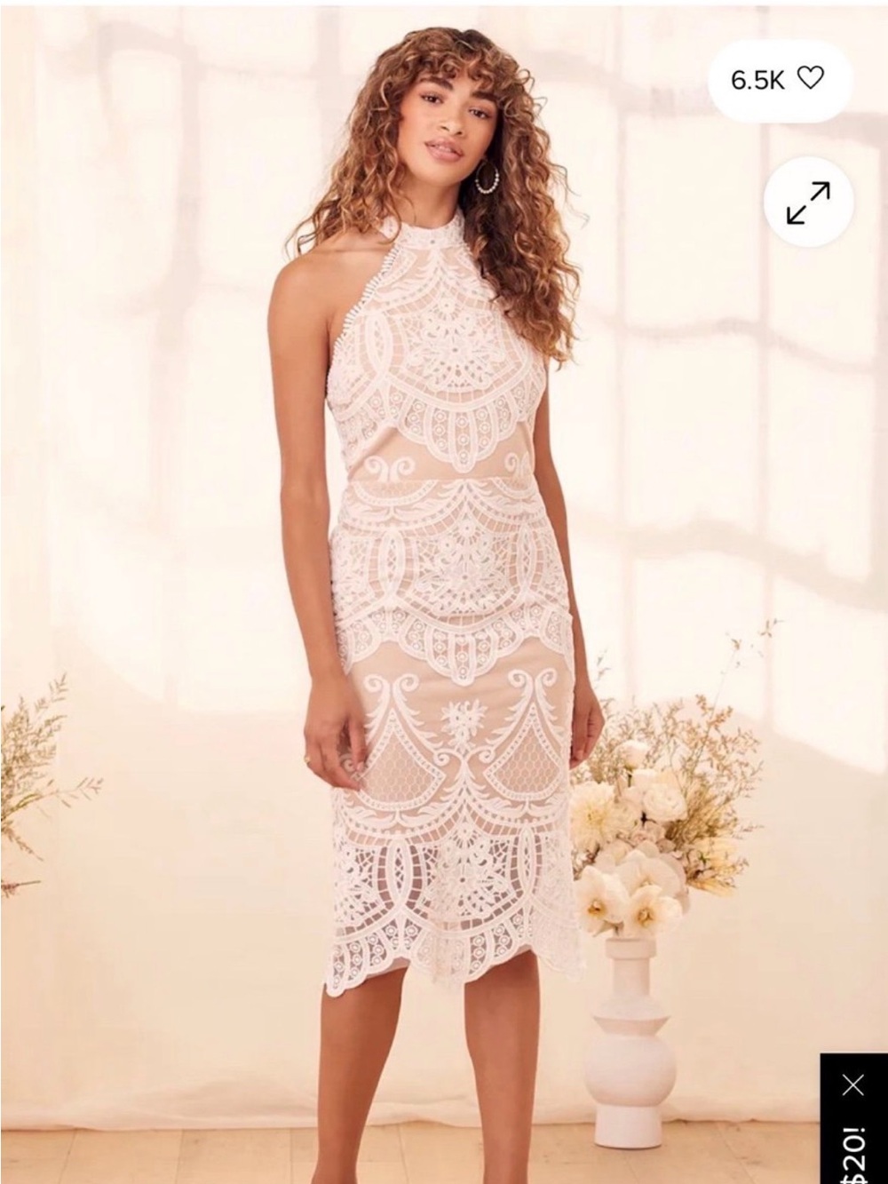 Lulu's White Lace Overlay Midi Dress with Nude Lining